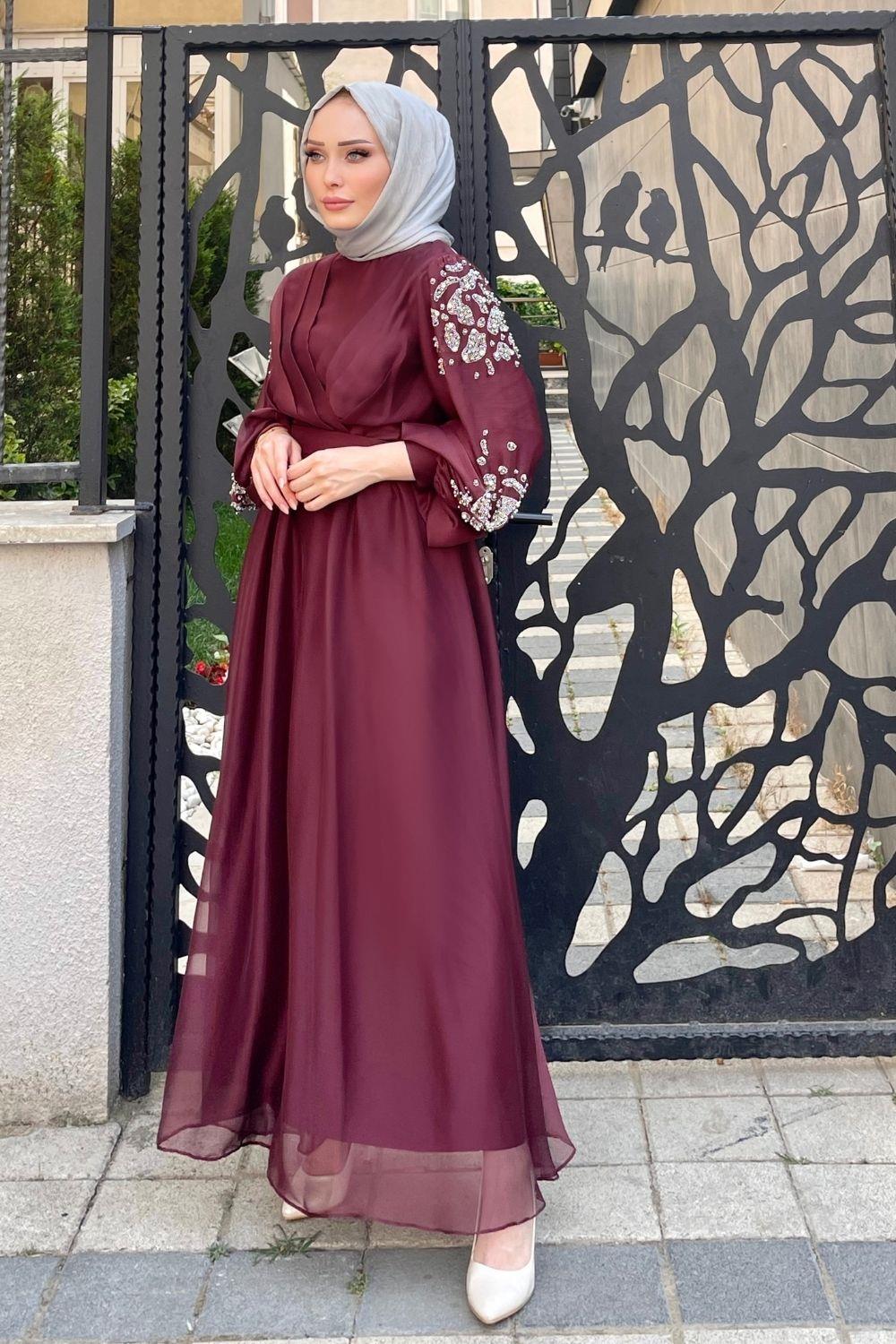 Kruvaze Yaka Kolu Taşlı Abiye Bordo 4753 