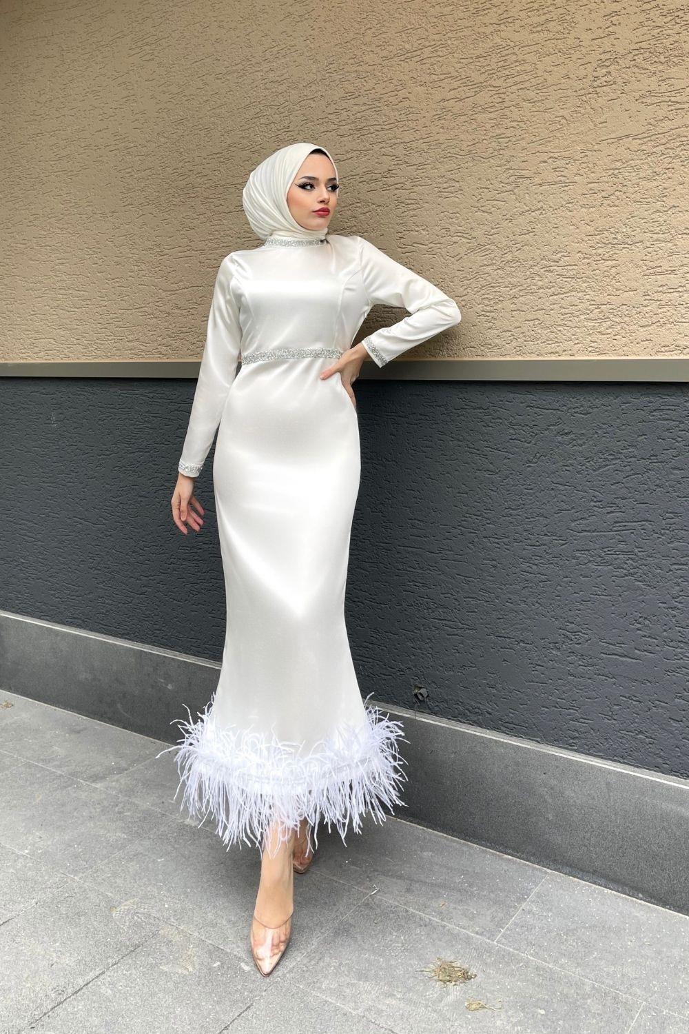 Taş İşlemeli Etek Ucu Tüy Detay Abiye Beyaz – Şule Giyim | Tesettür Giyim