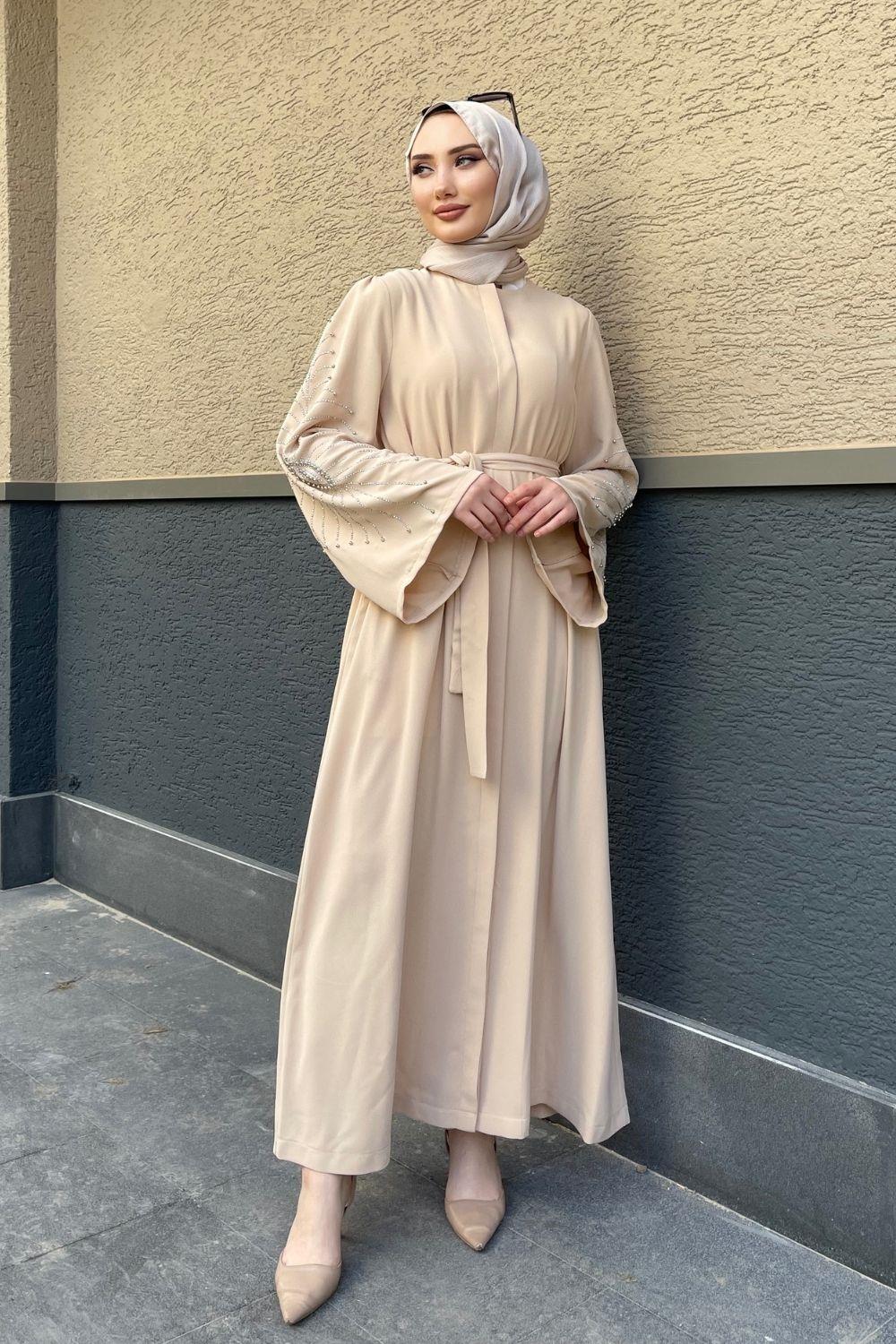 Geniş Kol Kolları Taşlı Abaya Camel 4787 