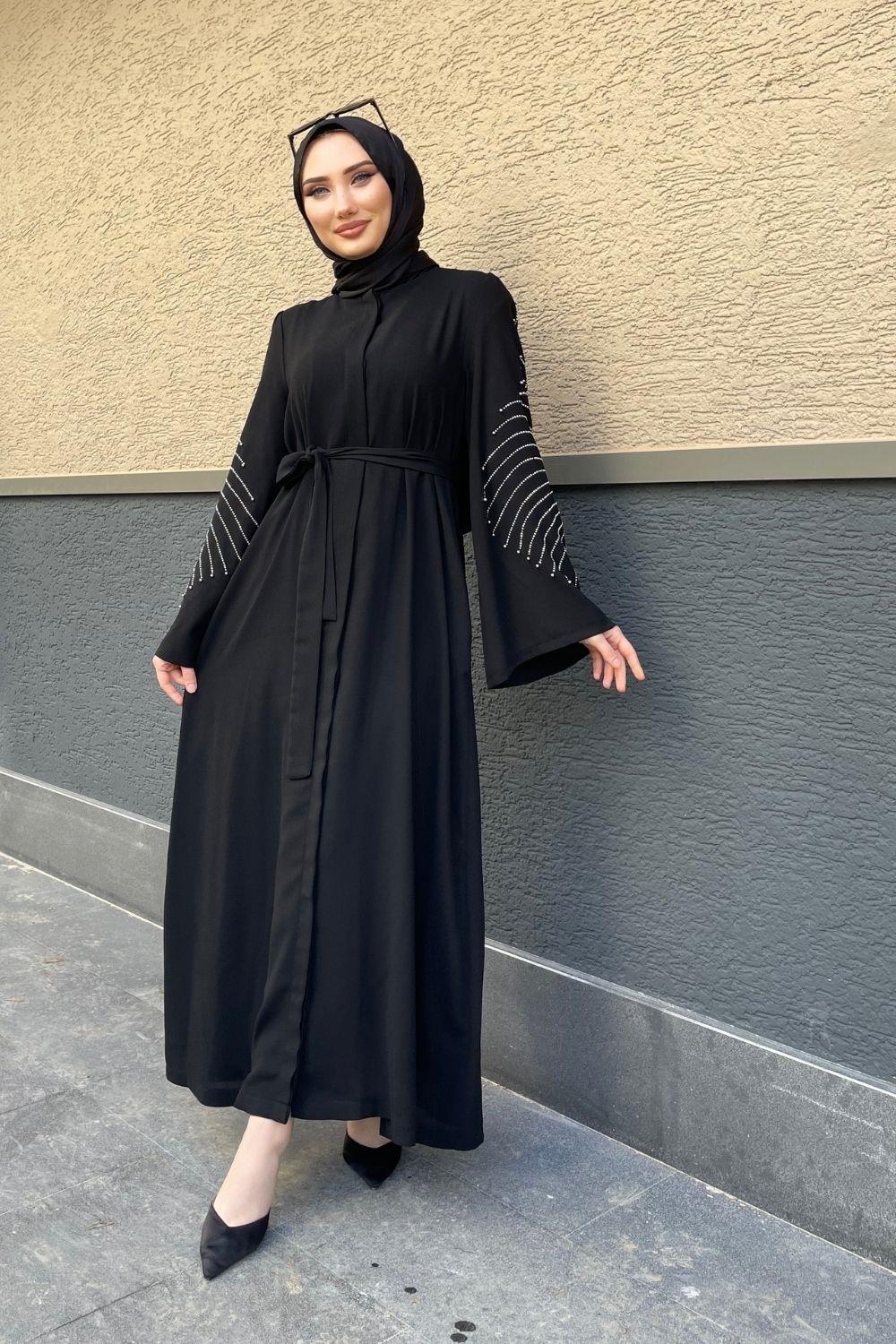 Geniş Kol Kolları Taşlı Abaya Siyah 4787 