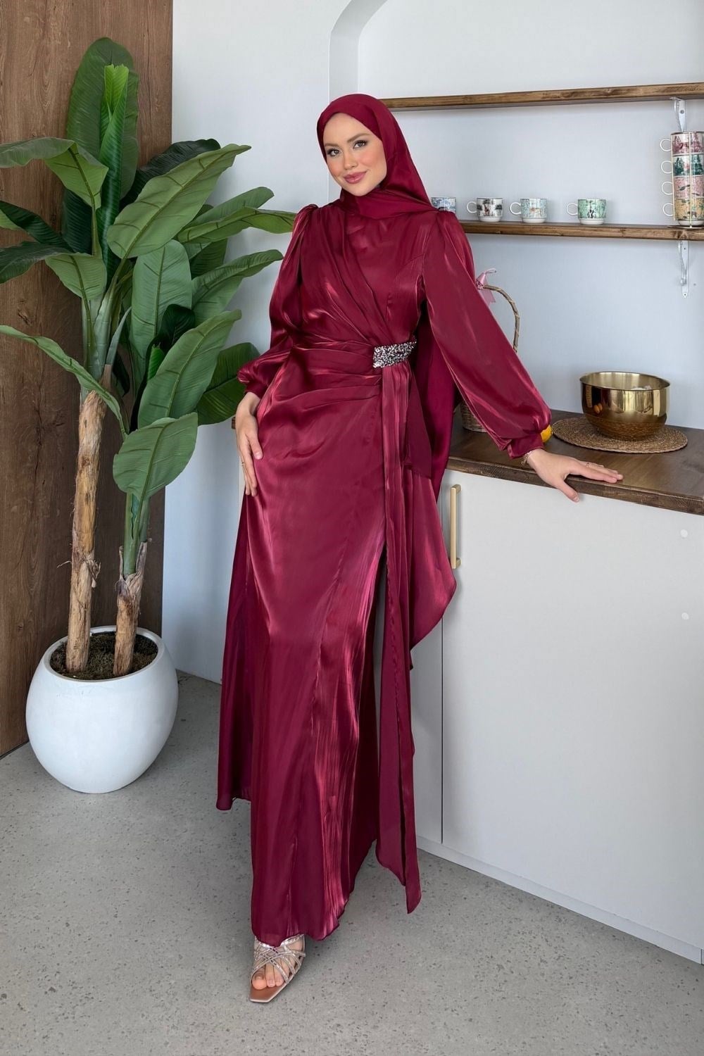 Caroline Taşlı Abiye Bordo 4805 