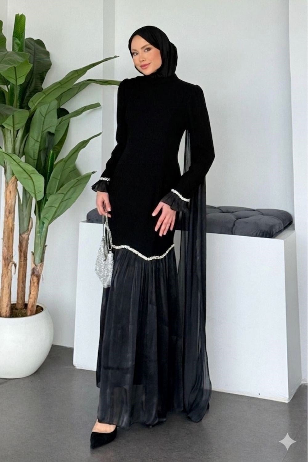 Elegan Pelerinli Abiye Siyah 48580 