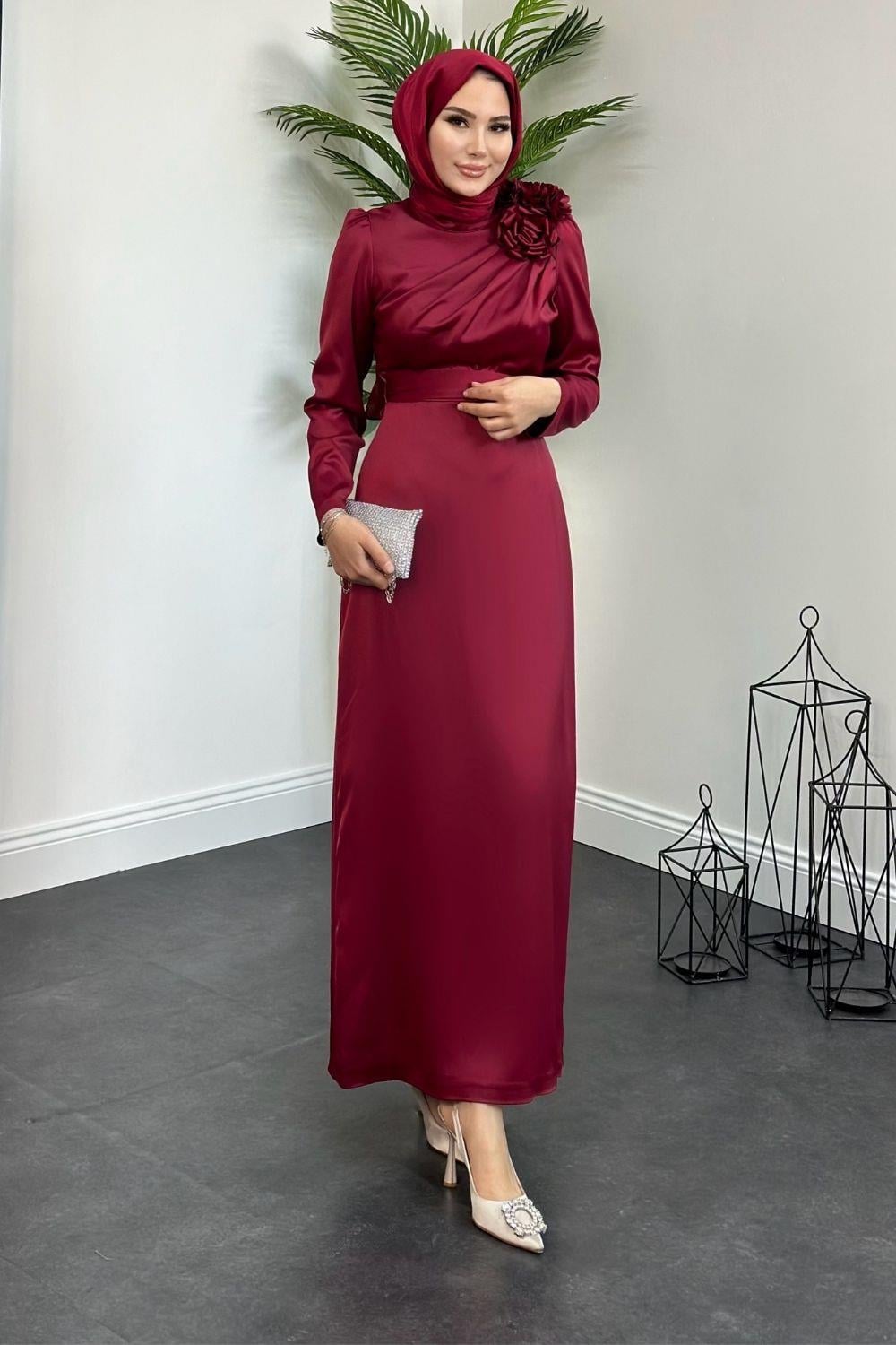 Gül Detaylı Saten Abiye Bordo 4900 