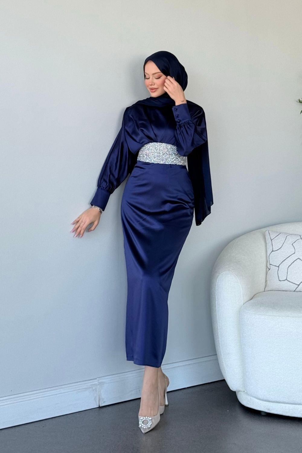 Bade Saten Abiye Lacivert 4930 