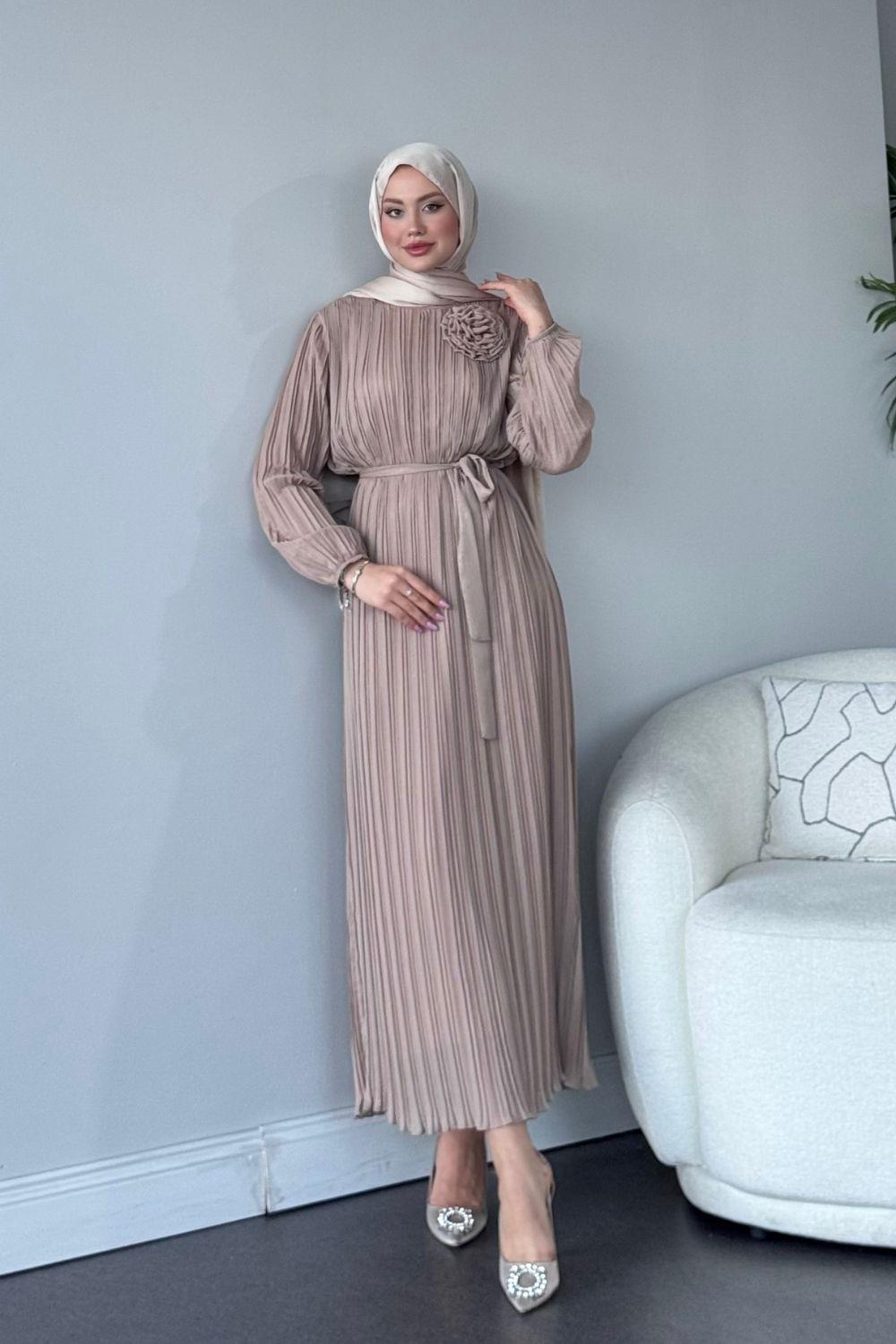 Gögsü Çiçekli Şifon Abiye Bej 4975 