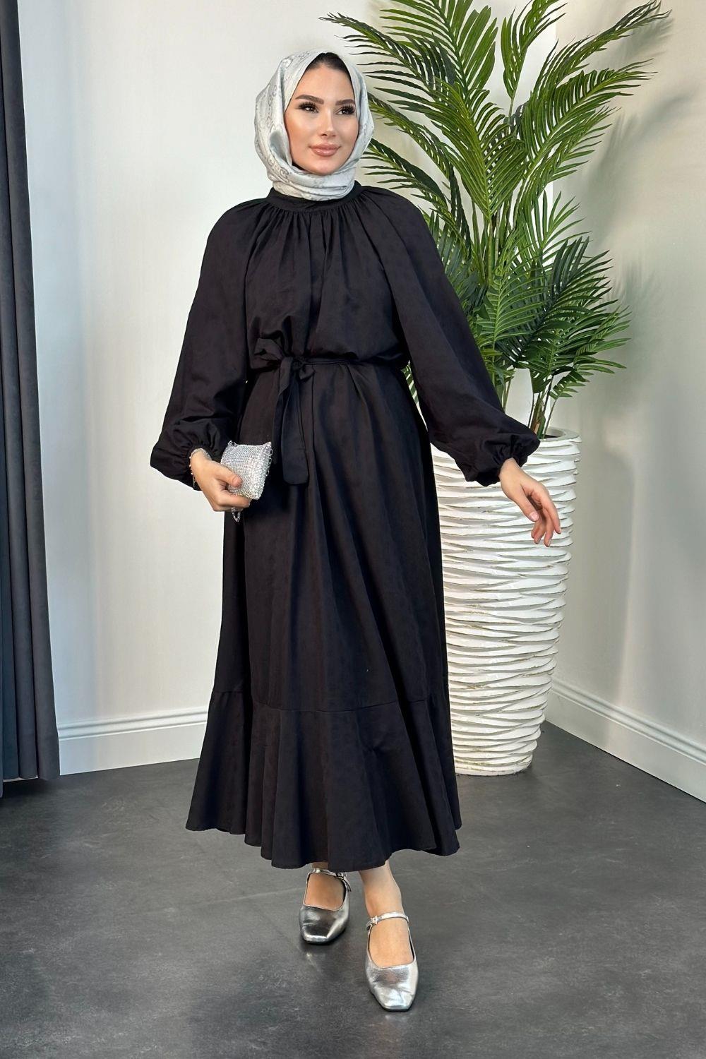 Kendinden İşlemeli Pamuk Elbise Siyah 5012 