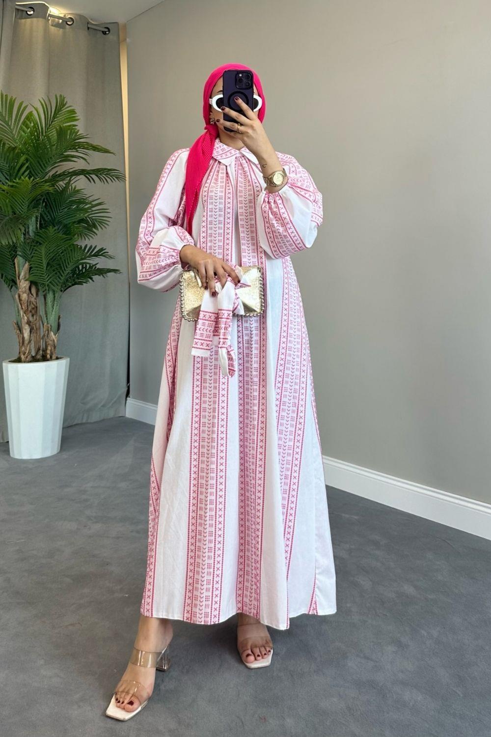 Kilim Desen Keten Elbise Pembe 50148 