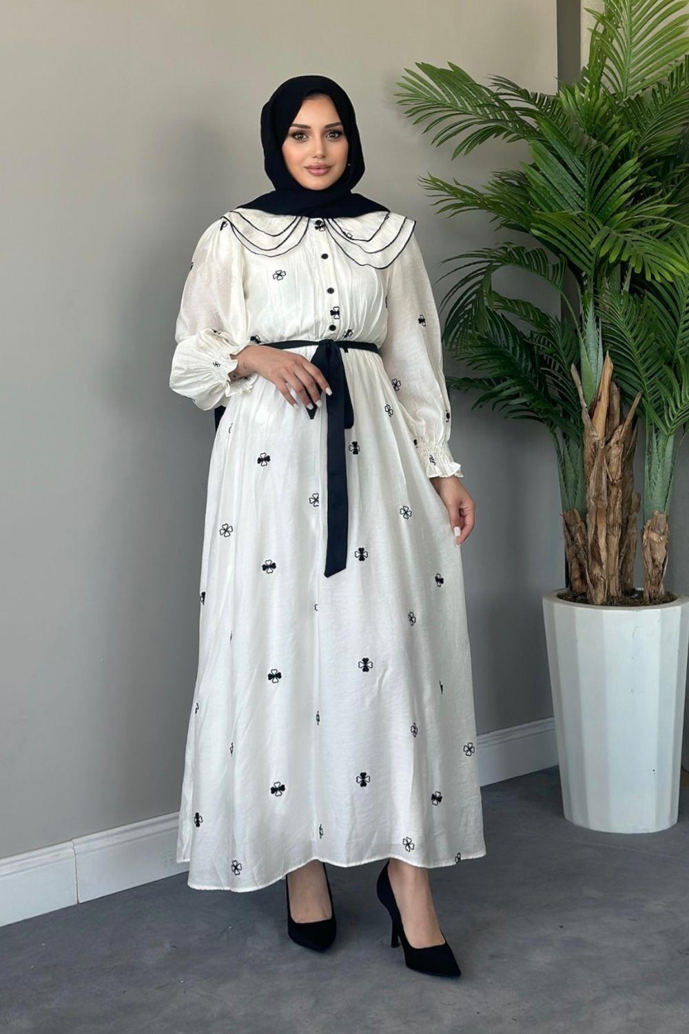 Kolları Gipeli Desenli Elbise Ekru 5074 