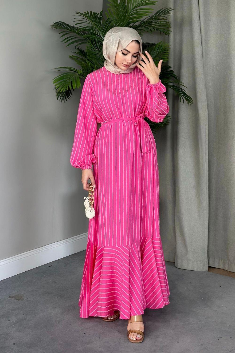 Çizgili Elbise Pembe 5096 