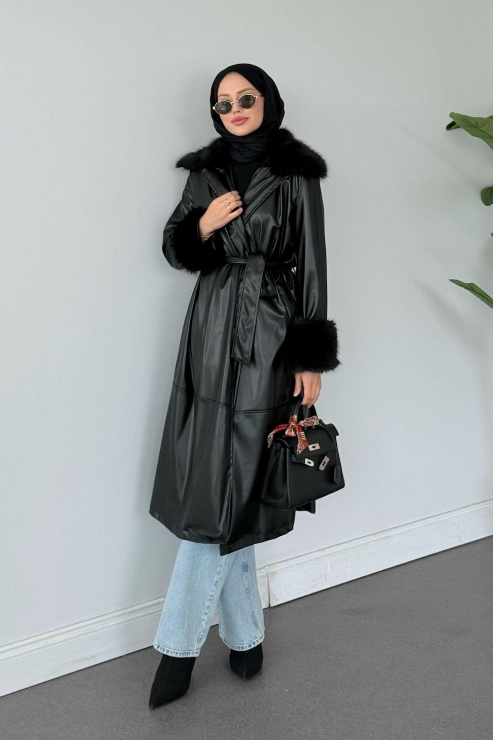 Mualla Kürklü Deri Trençkot Siyah 51006 