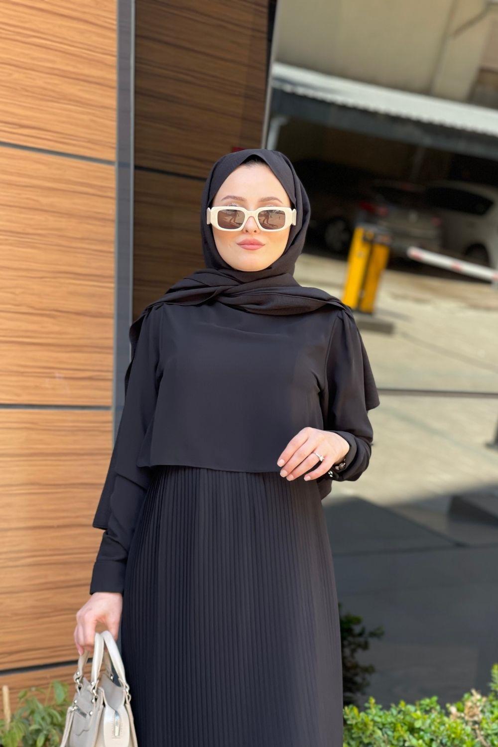 Üstü Dökümlü Altı Pileli Elbise Siyah – Şule Giyim | Tesettür Giyim