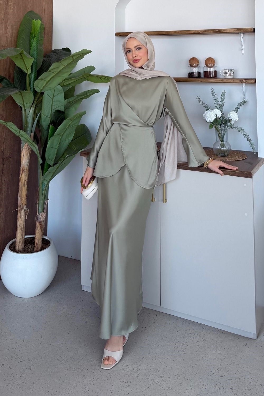 Olga Saten Etekli Takım Haki 5161 