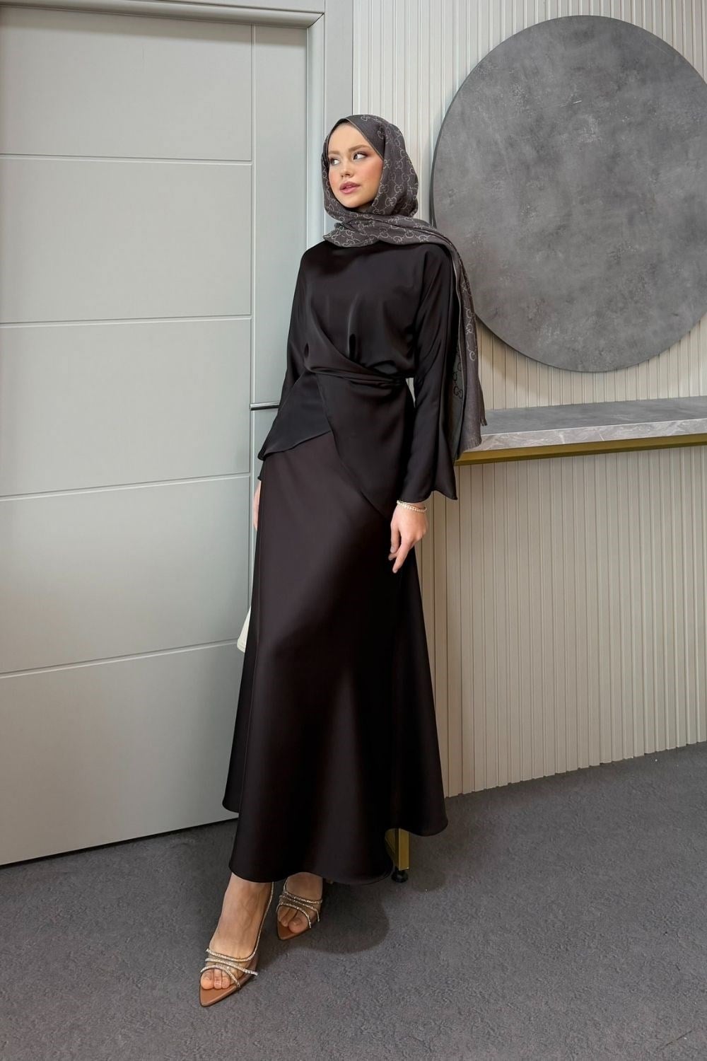 Olga Saten Etekli Takım Kahverengi 5161 