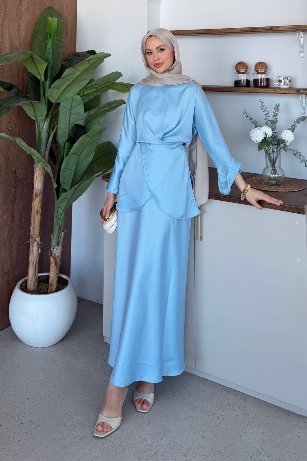 Olga Saten Etekli Takım Mavi 5161 