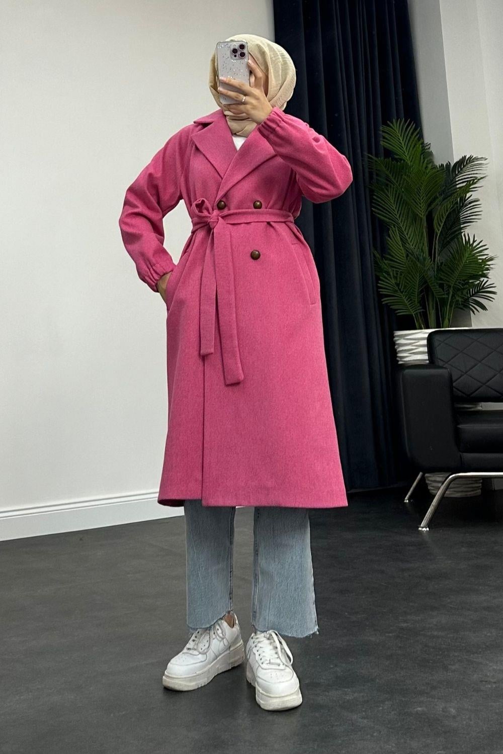 Düğmeli Uzun Kaban Pembe 5425 