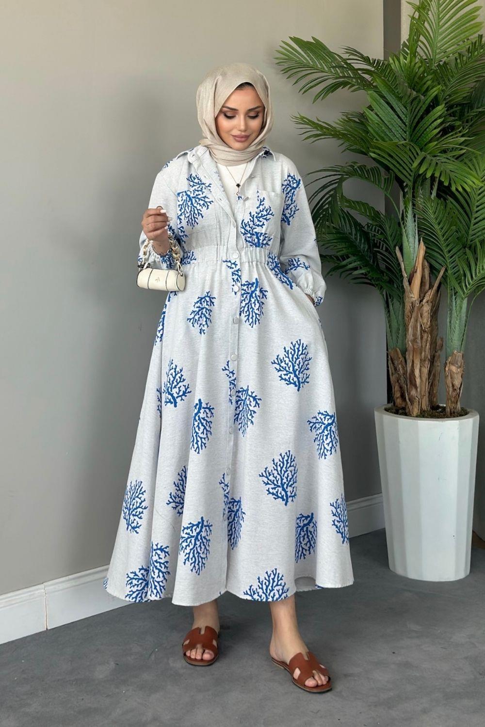 Pervin Desenli Keten Elbise Mavi 5538 