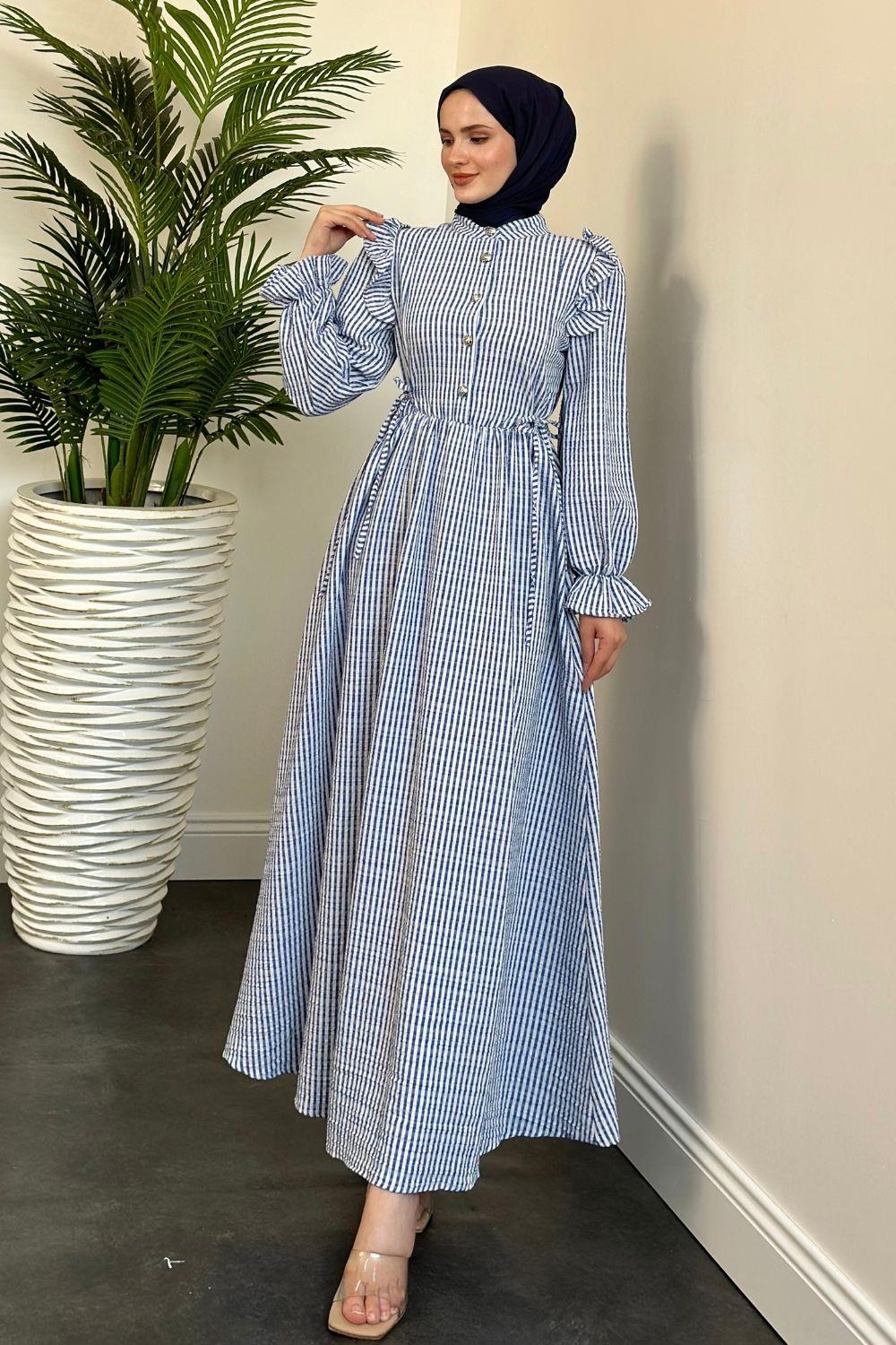 Alia Çizgiili Elbise Lacivert 5558 
