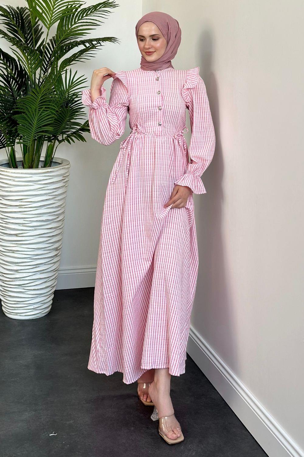 Alia Çizgiili Elbise Pembe 5558 