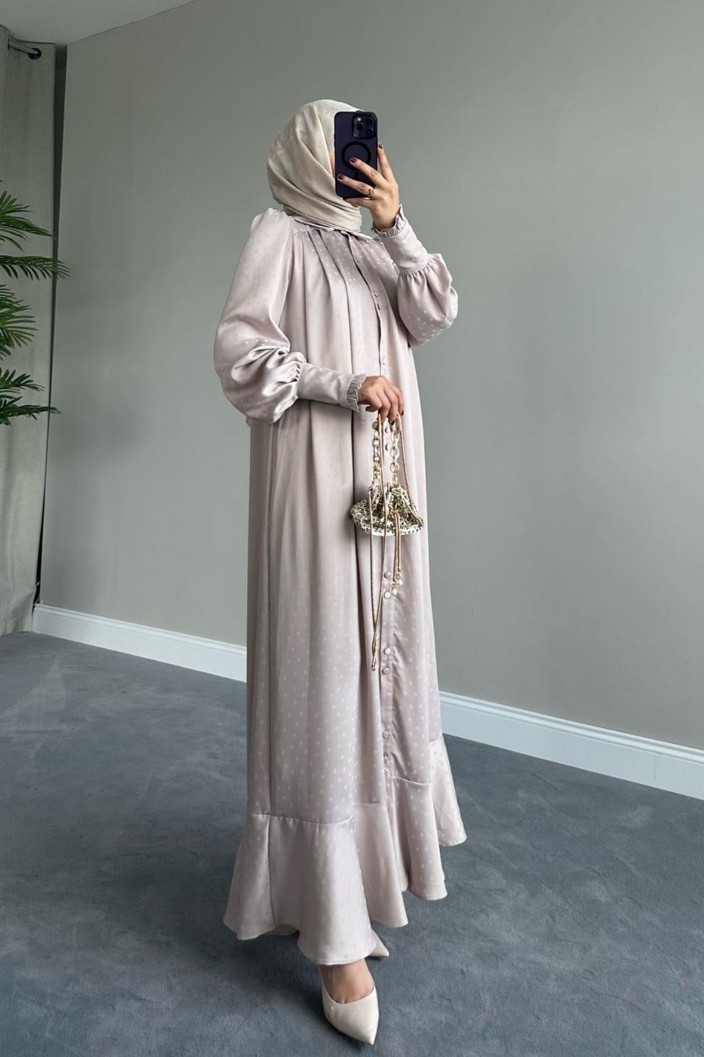 Puantiyeli Kuşaklı Elbise Vizon 5581 