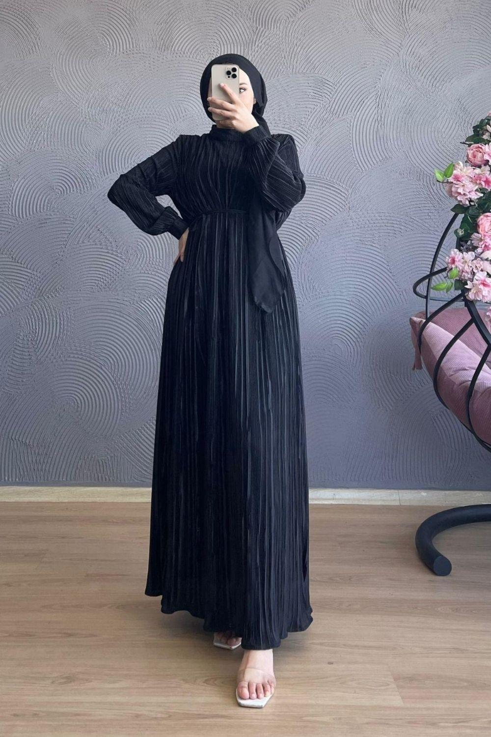 Boydan Piliseli Taşlı Kemerli Elbise Siyah 5588 