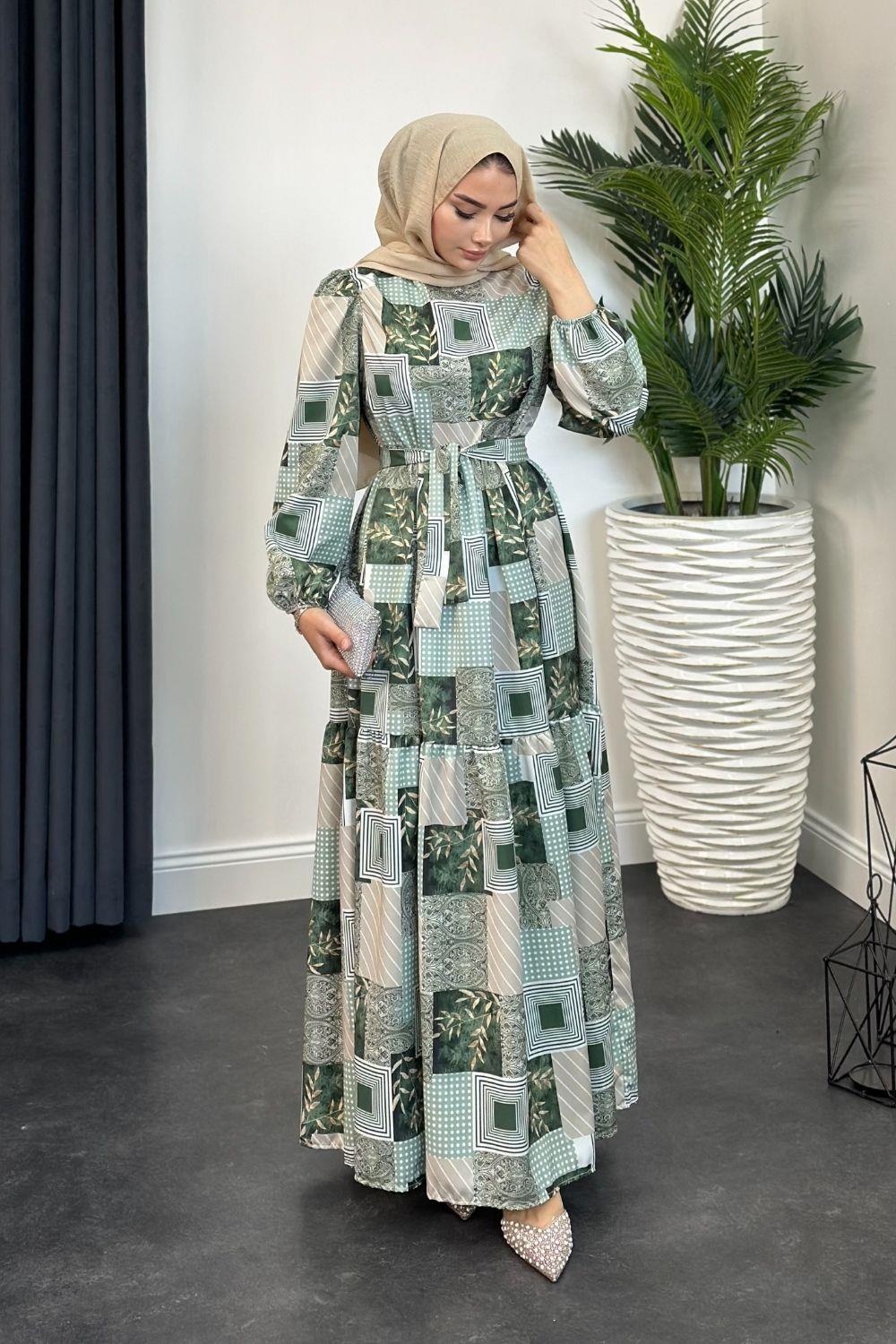 Bahar Desenli Elbise Mint 5614 