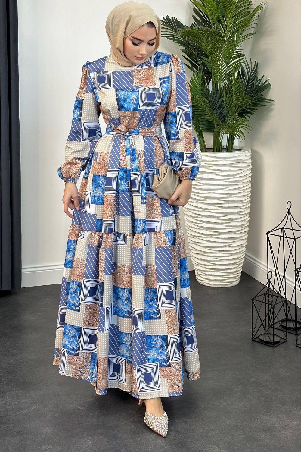 Bahar Desenli Elbise Saks 5614 