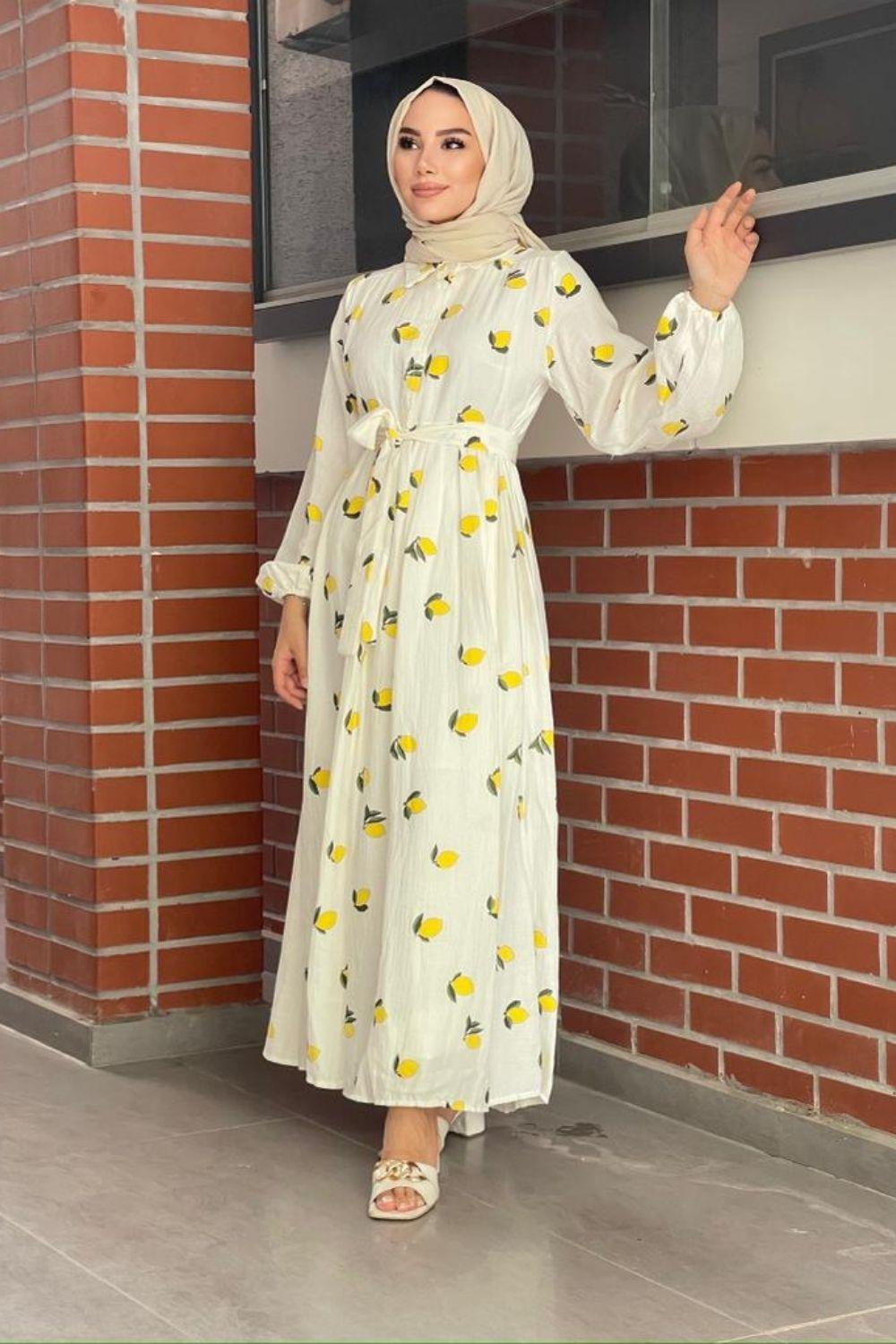 Limon Desenli Elbise Sarı – Şule Giyim | Tesettür Giyim
