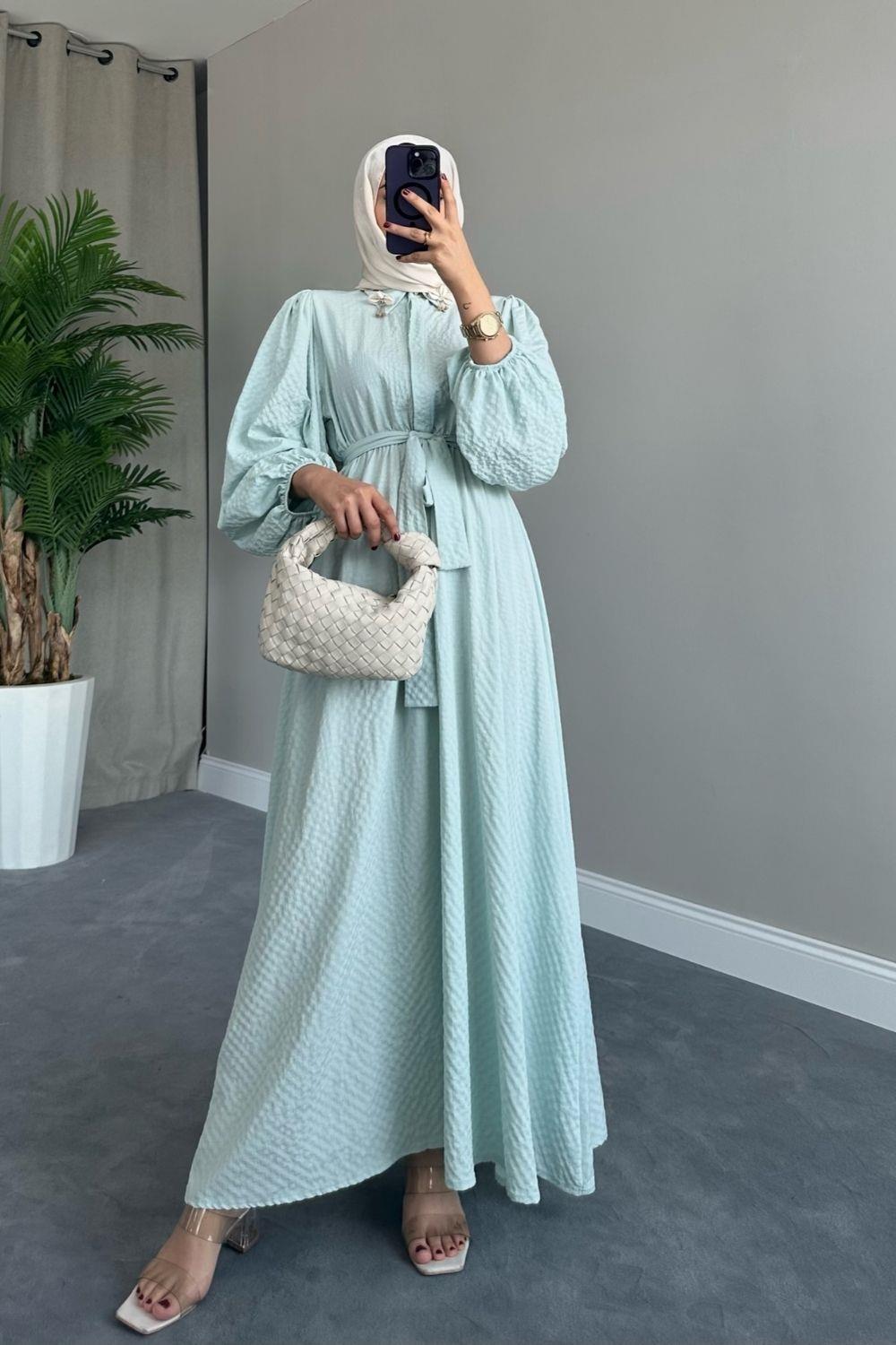 Yaka Bronşlu Büzgülü Elbise Mint 5645 