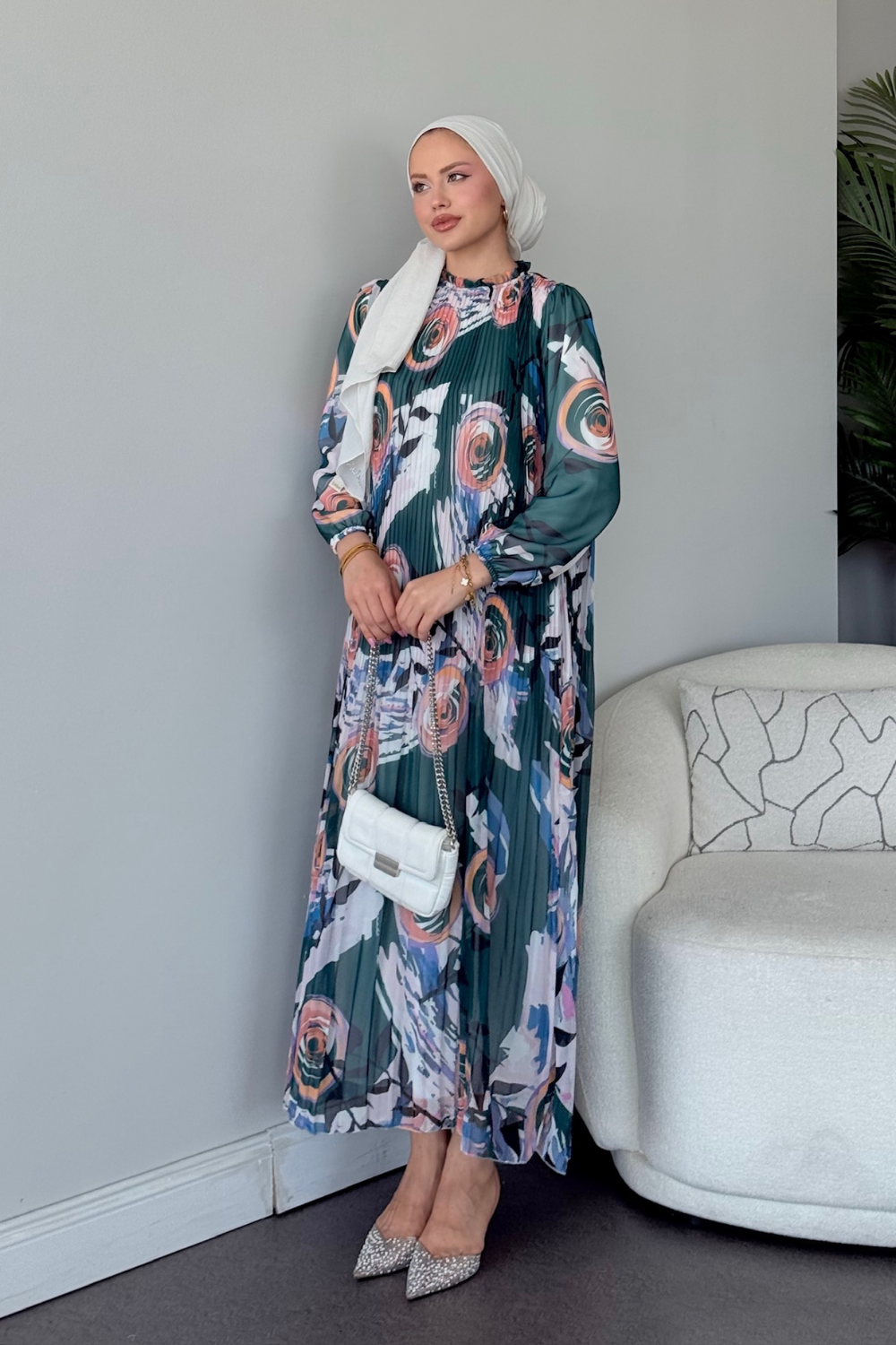 فستان شيفون ملون زمردي 5675 