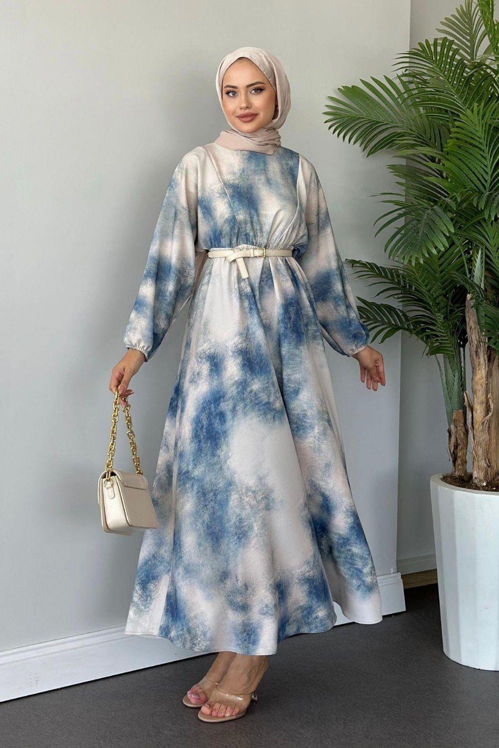 Fırça Desen Elbise Mavi 5676 