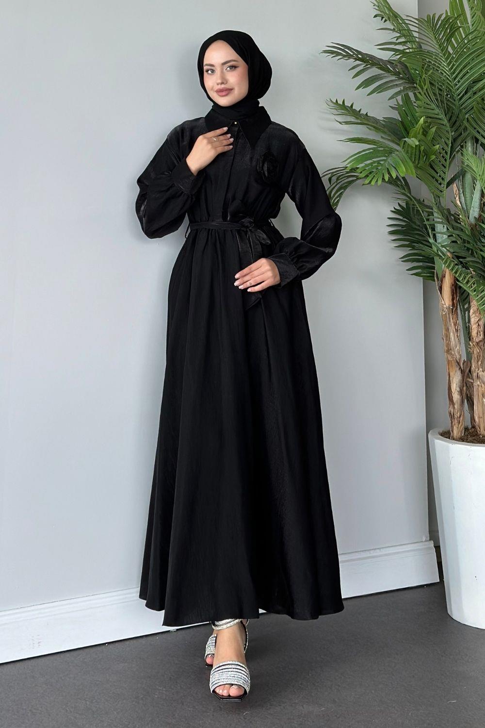 Yaka Güllü Saten Elbise Siyah 5698 