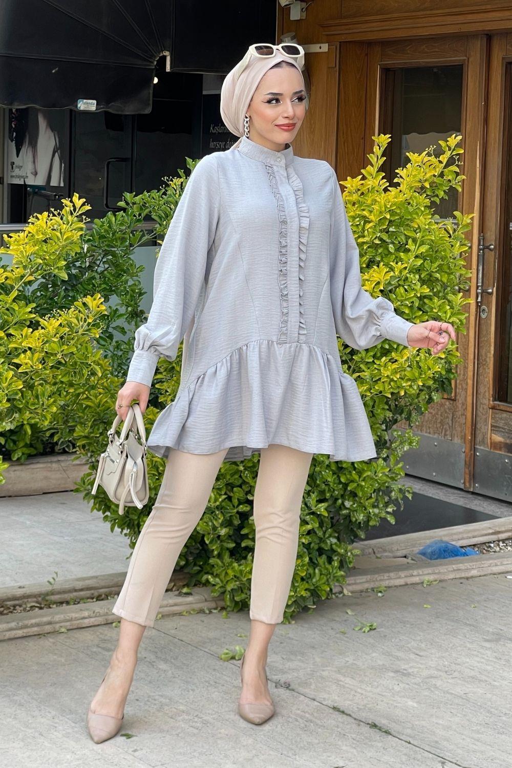 تكدرت زر مخفي سترة رمادية