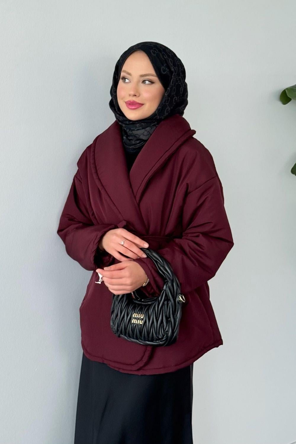Düz Kuşaklı Şişme Mont Bordo 5912 