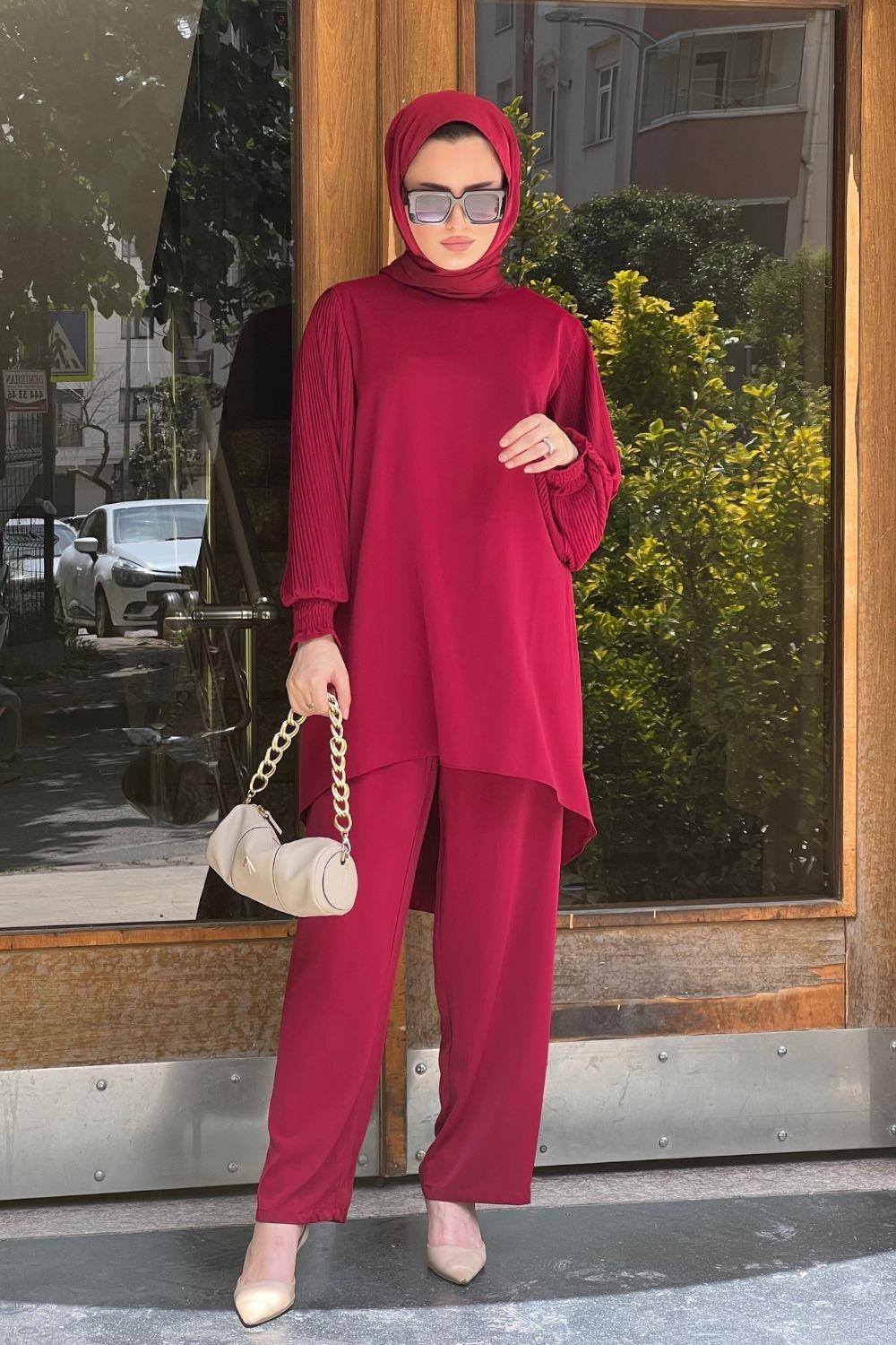 Kolları Pileli Takım Bordo 5923 