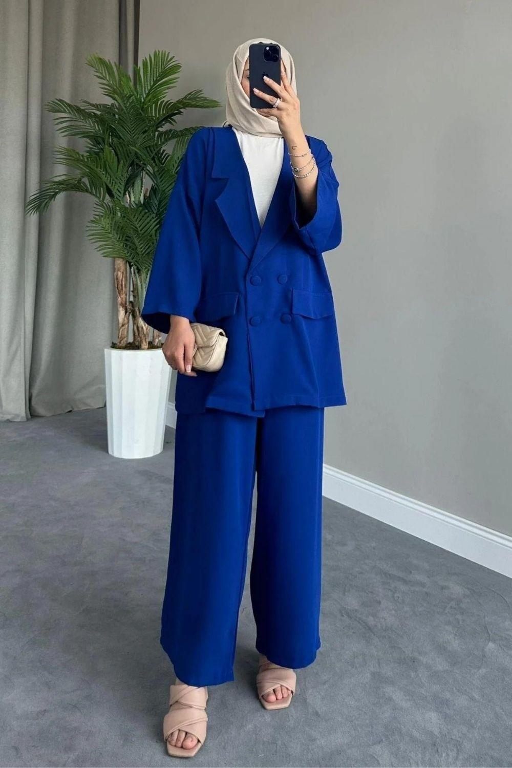 Oversize Ceket Takım Saks 5927 
