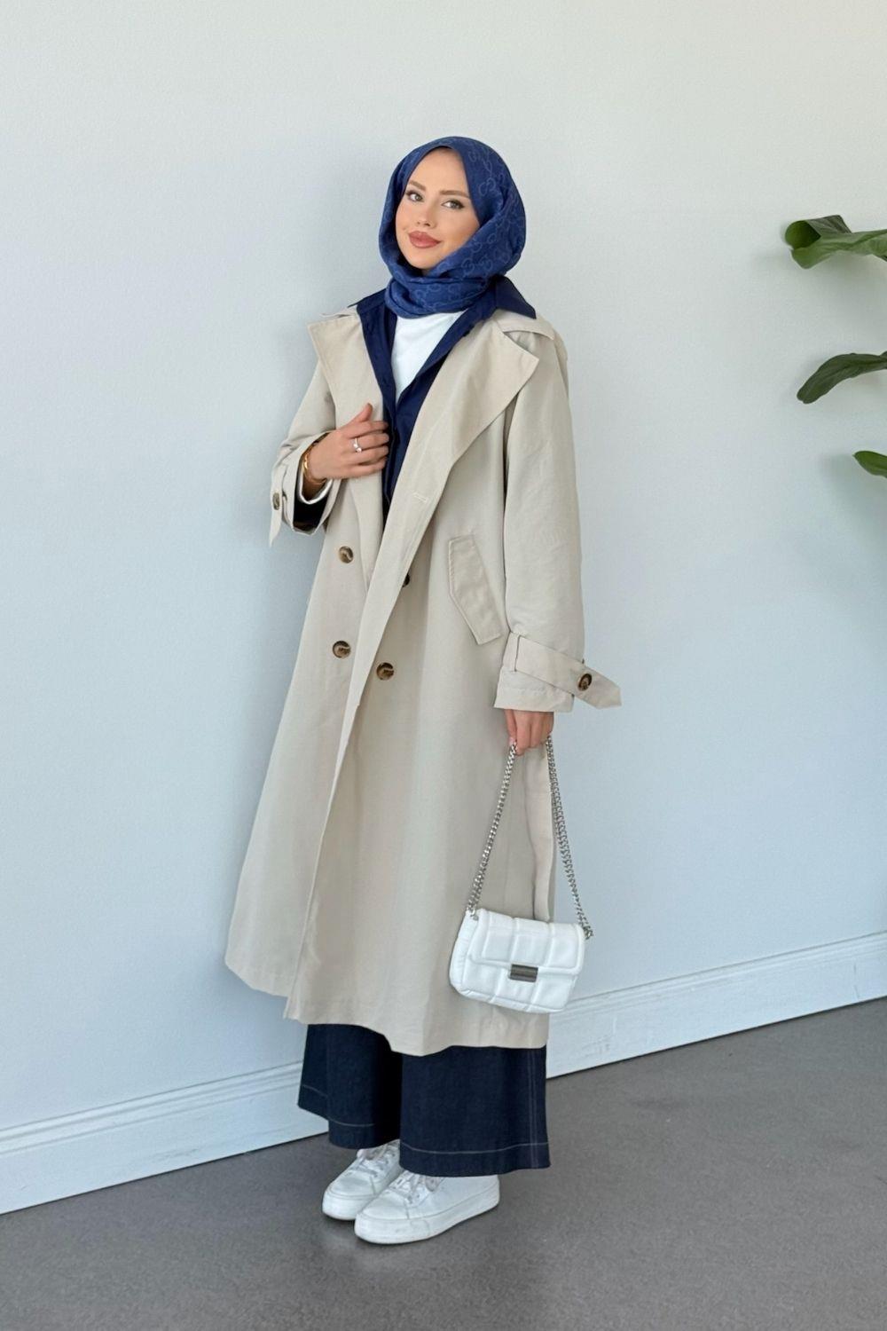 Asır Arka Pile Detaylı Trençkot Taş 5979 