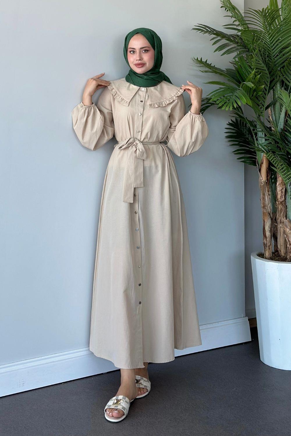 Ala Yaka Fırfırlı Elbise Bej 6028 