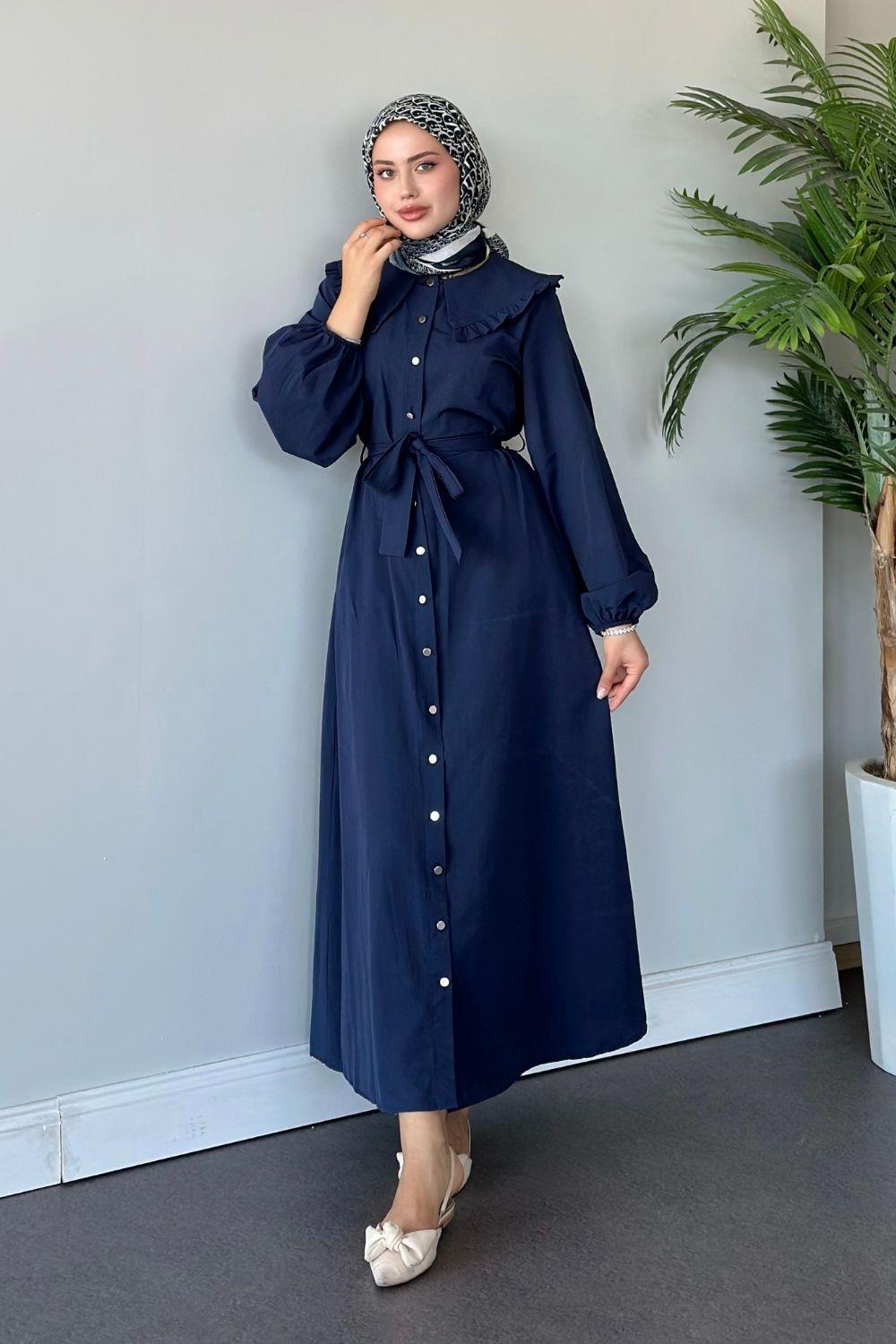 Ala Yaka Fırfırlı Elbise Lacivert 6028 