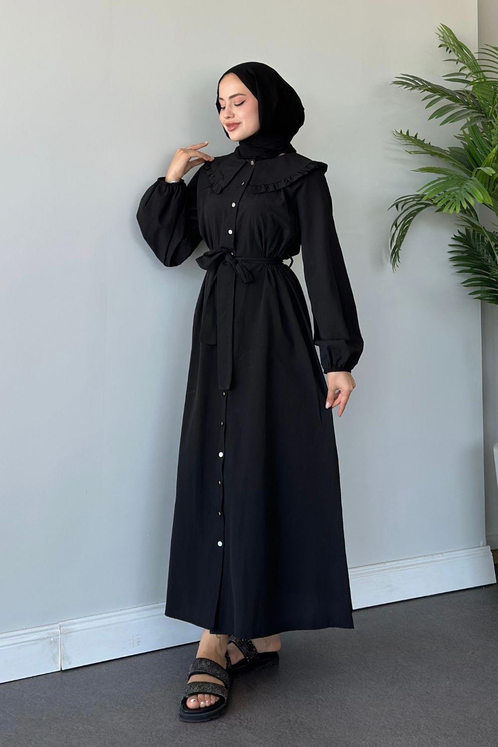 Ala Yaka Fırfırlı Elbise Siyah 6028 