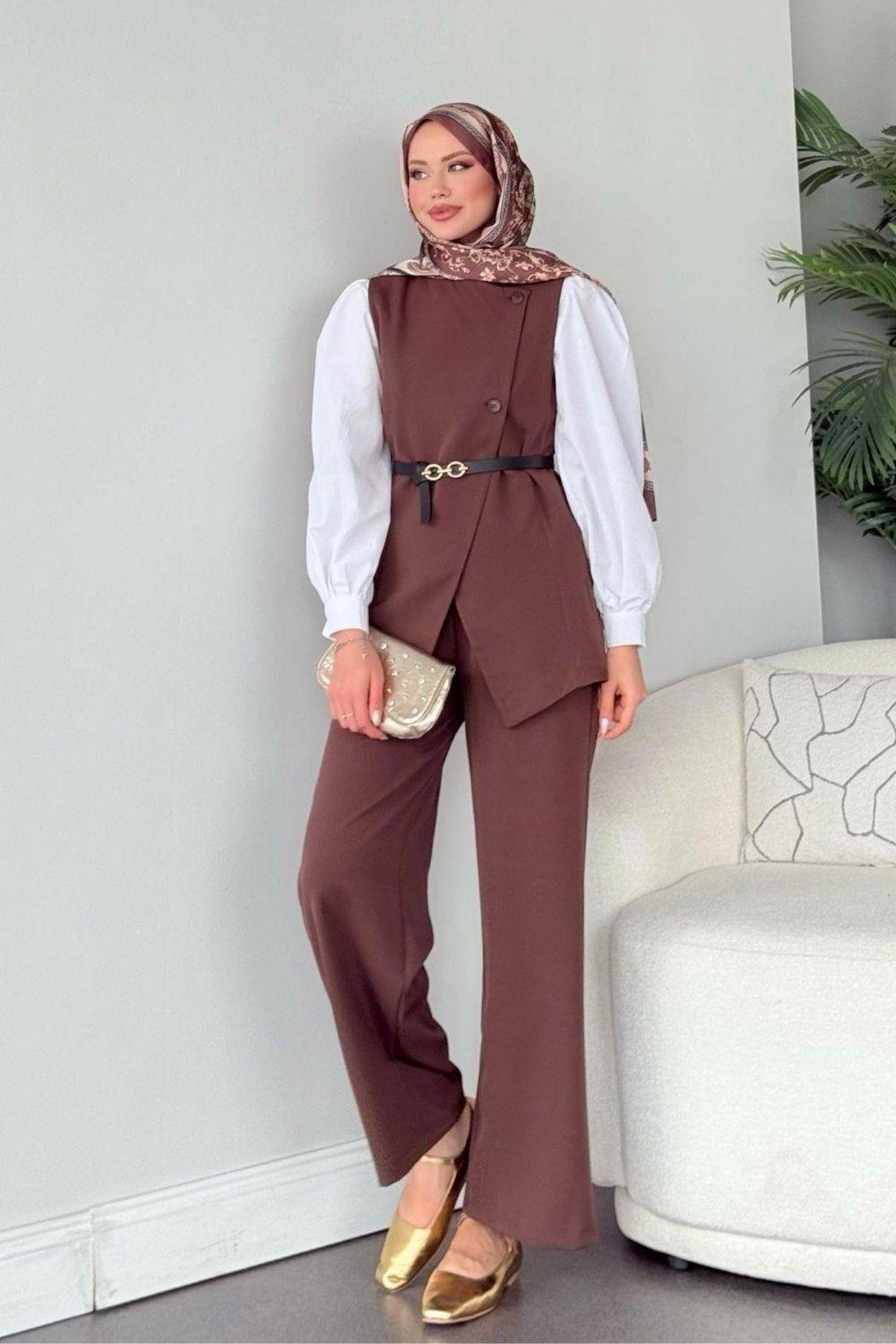 Leya  Pantalonlu  İkili Takım Kahverengi 60347 