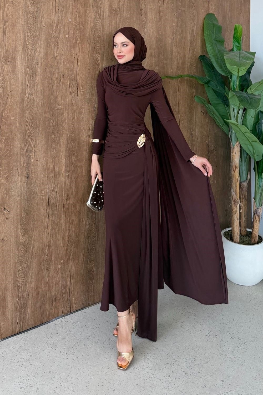 Sultan Şal Detay Elbise Kahverengi 6052 
