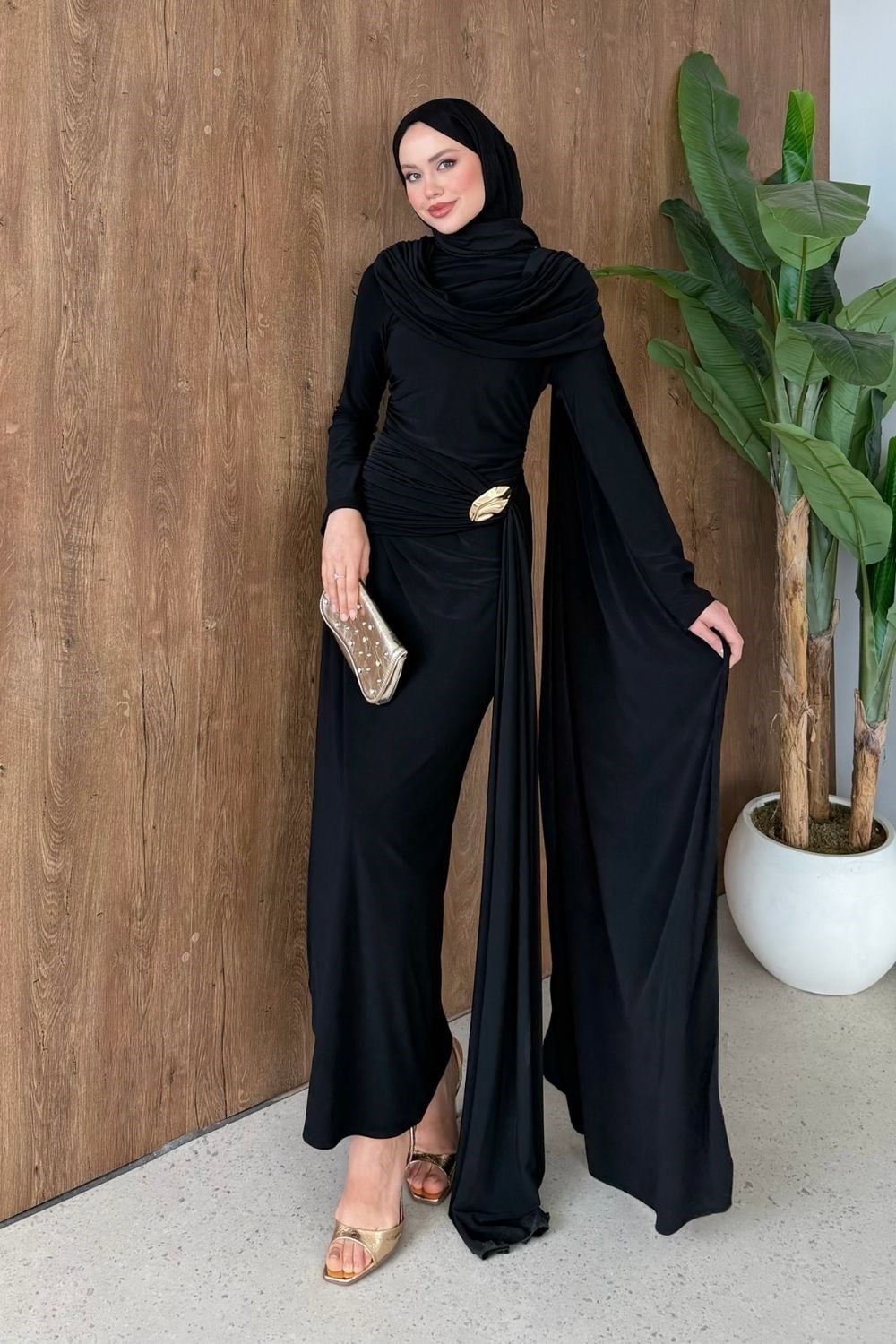 Sultan Şal Detay Elbise Siyah 6052 