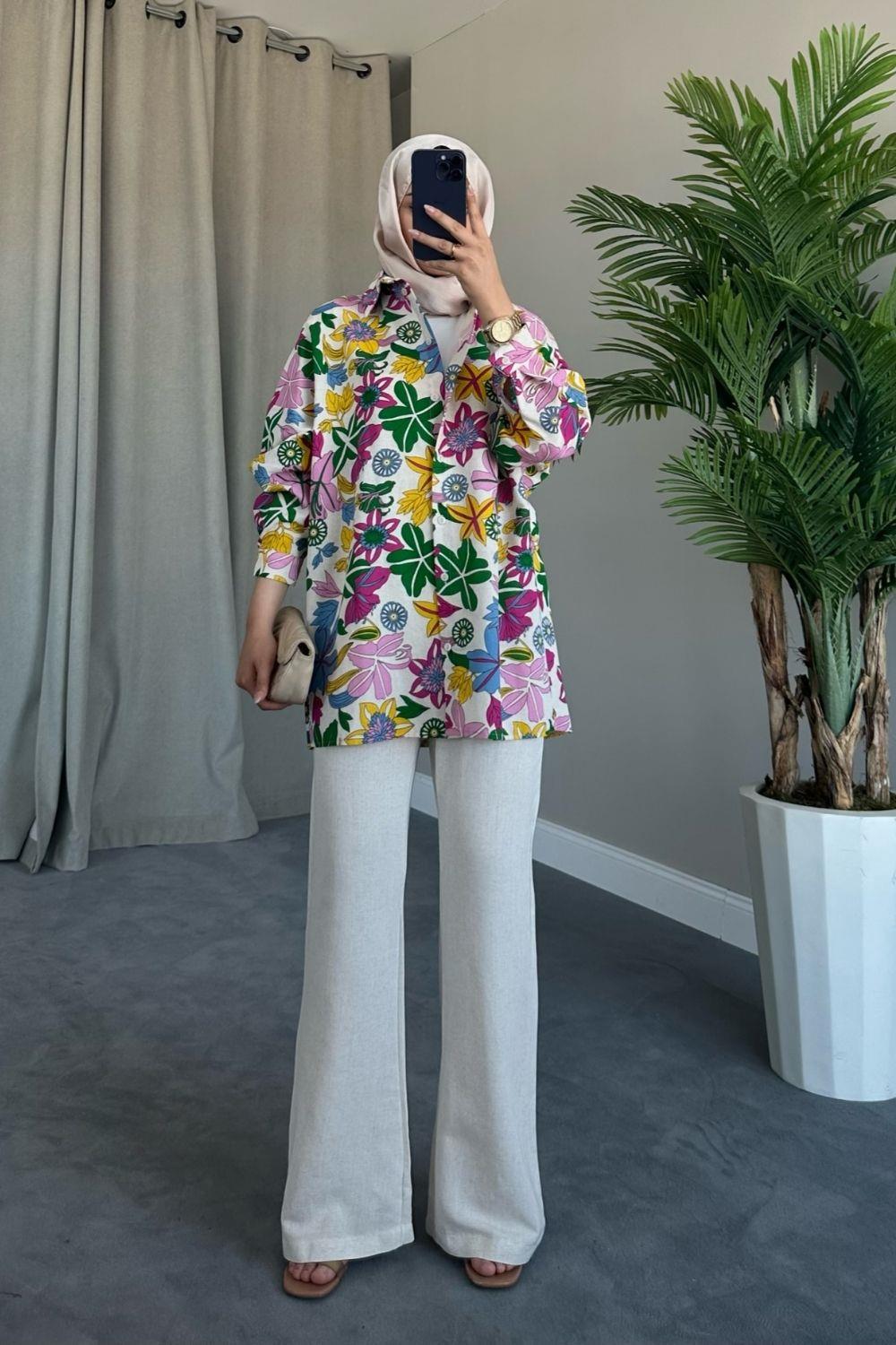 Üstü Çiçekli Keten Takım Sarı 6140 