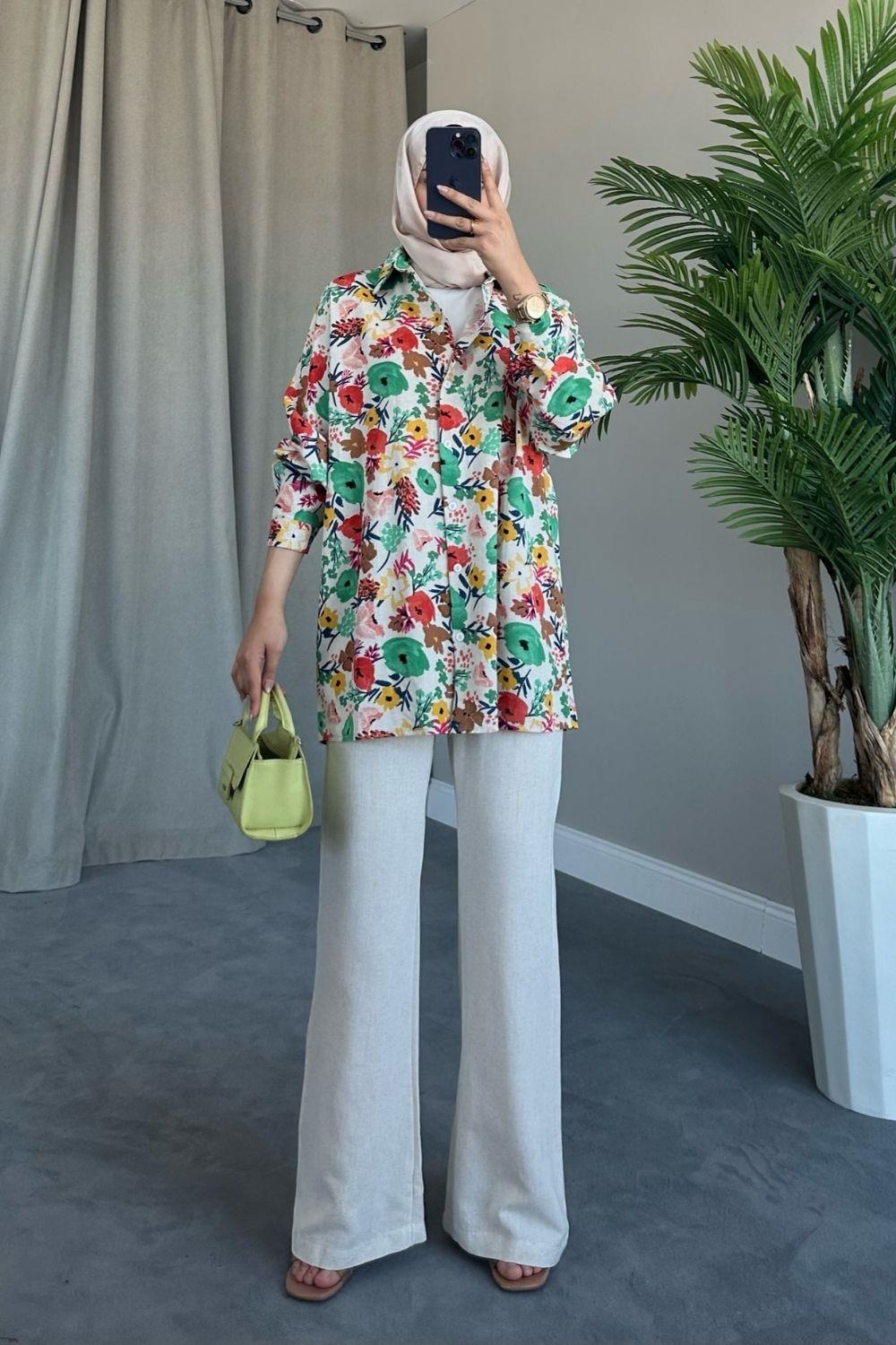 بدلة كتان علوية زهرية باللون الأخضر
