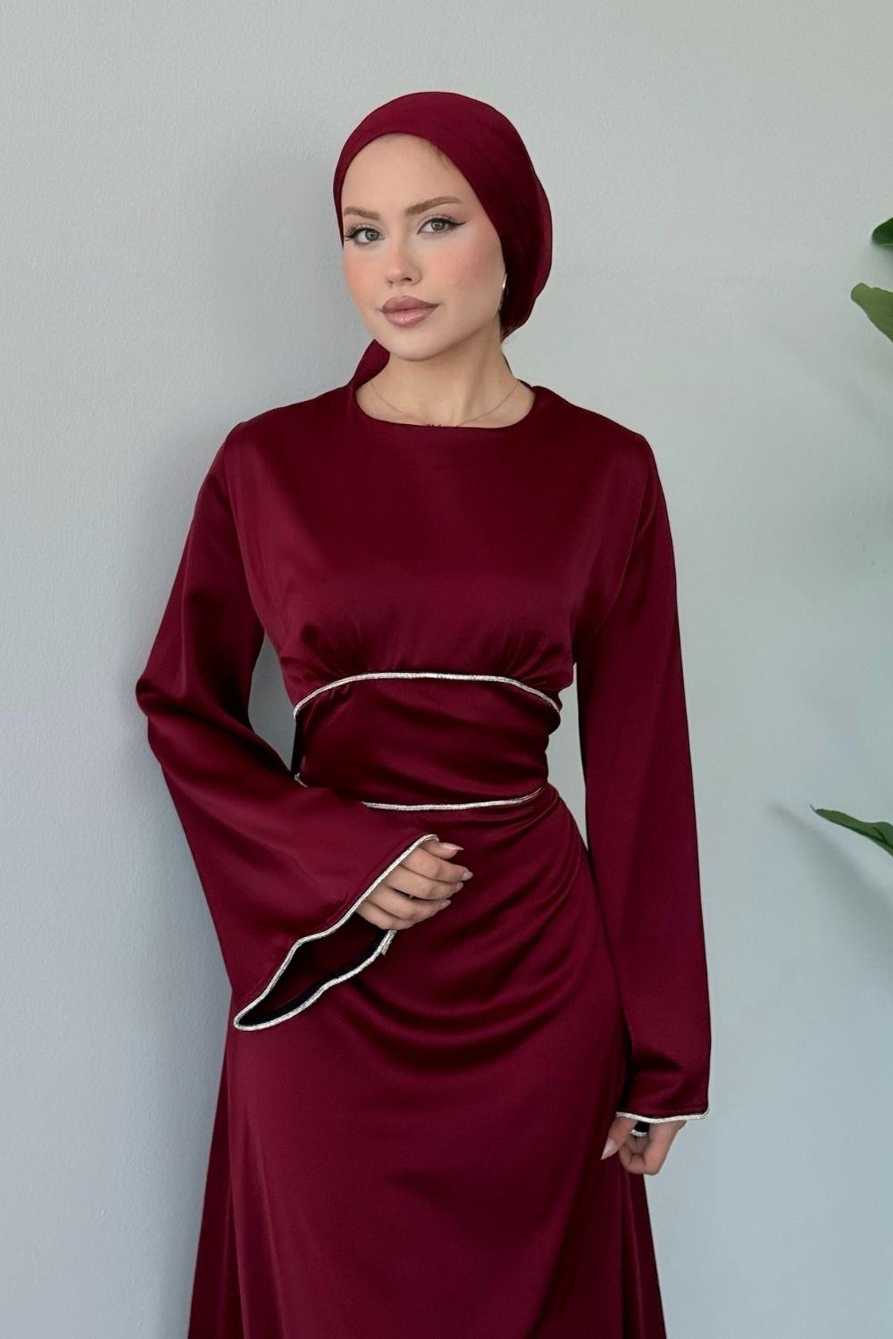 Kolu ve Beli Baget Taşlı Abiye Bordo 61590 