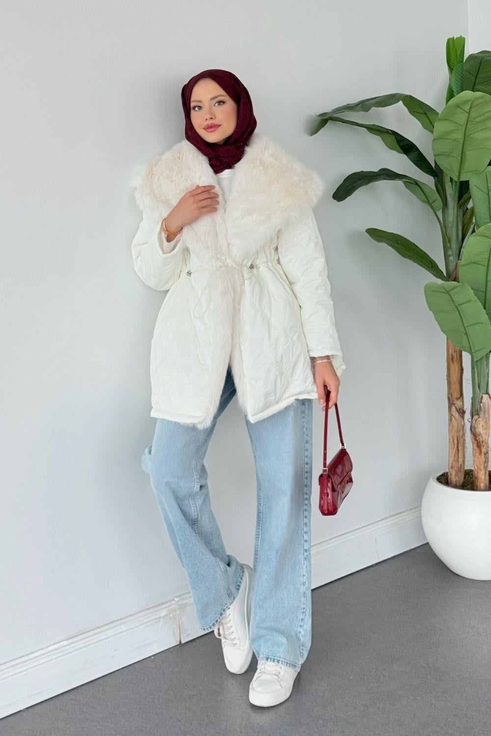 Pay Kürklü Şişme Mont Beyaz 6171 