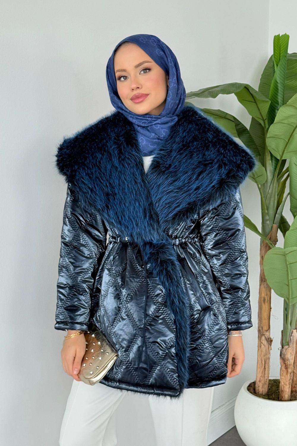 Pay Kürklü Şişme Mont Lacivert 6171 