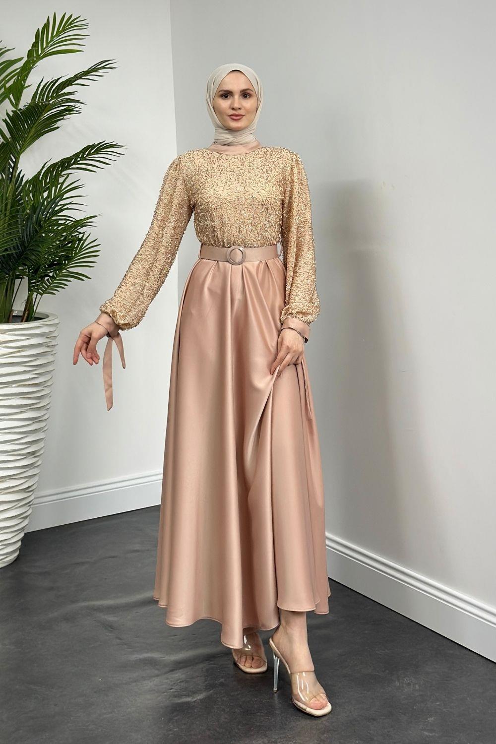 Mihbet Üstü Boncuk Abiye Gold 6176 