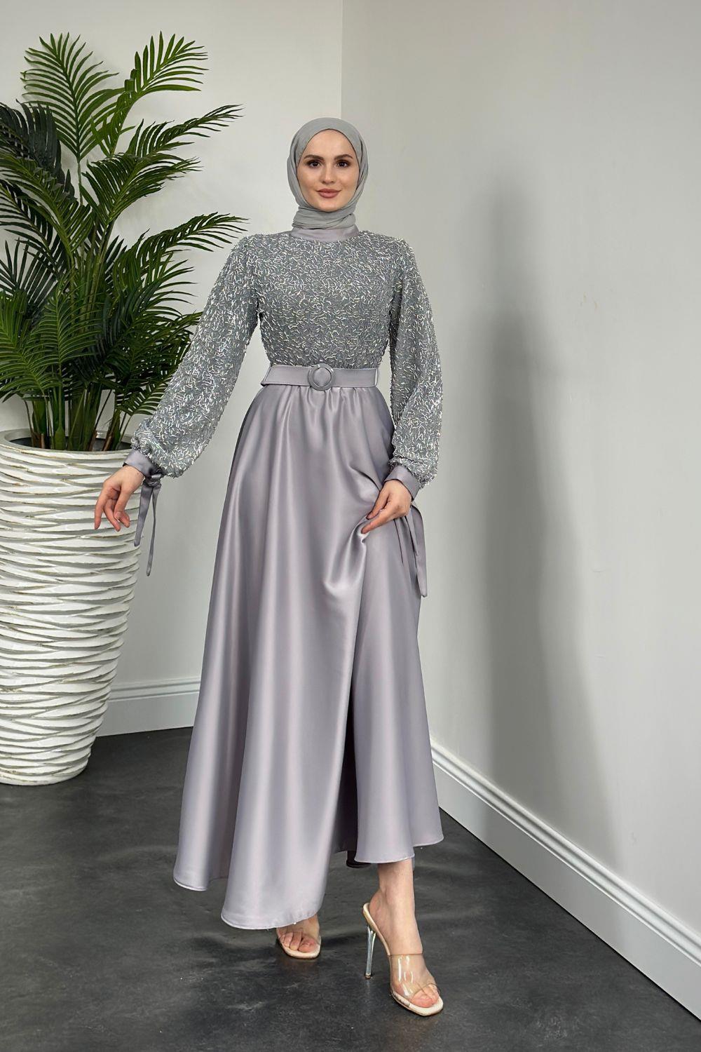 Mihbet Üstü Boncuk Abiye Gri 6176 
