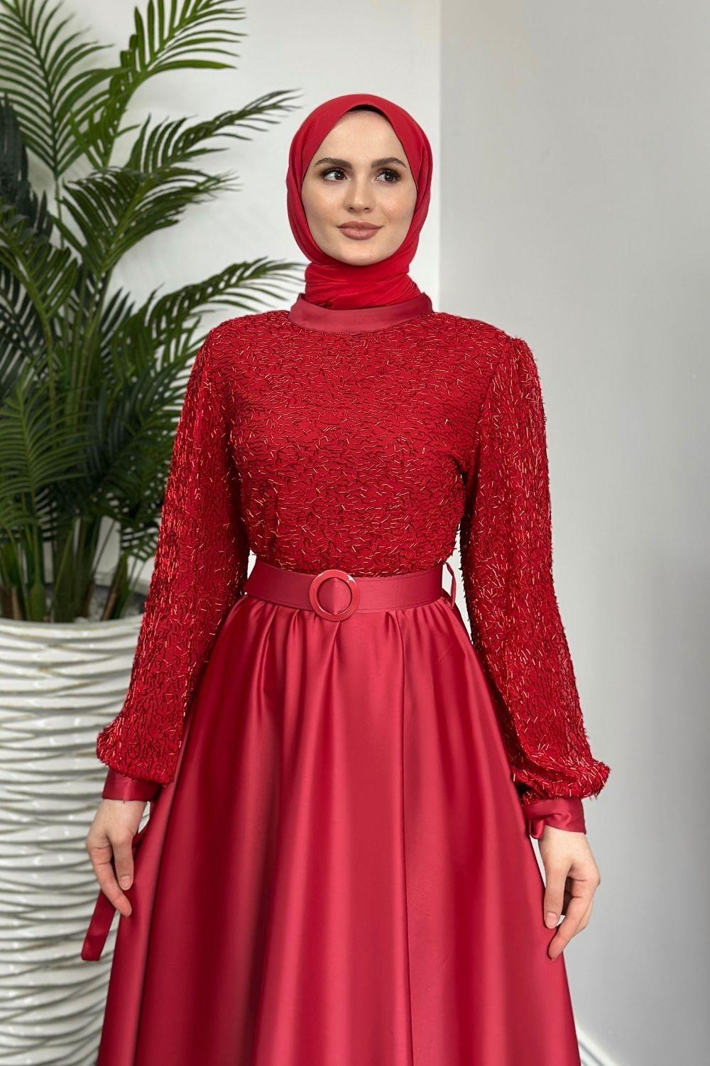 Mihbet Üstü Boncuk Abiye Kırmızı 6176 